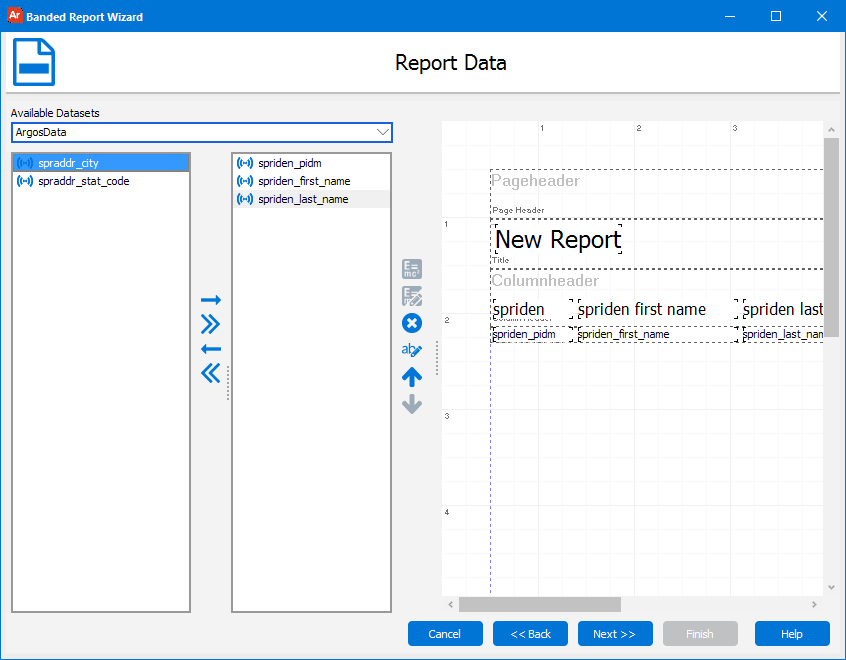 Banded Report Wizard with ArgosData chosen as the Available Dataset.  